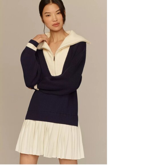 Anthropologie Flat White Varsity Sweater Twofer Mini Dress MP PM  new navy blUE - Picture 1 of 5